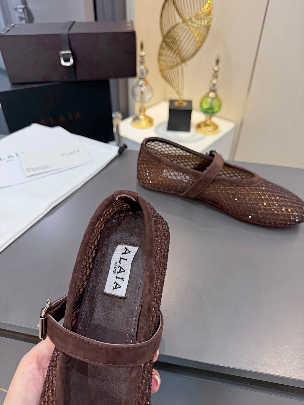 ALAÏA Dark Brown Rhinestone Ballet Flats - Picture 8 of 8